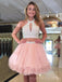 Two Pieces Halter Tulle Beaded A-line Short Homecoming Dresses, HM1089