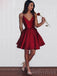 Red Satin Spaghetti Straps A-line Short V-neck Homecoming Dresses, HM1098