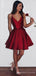 Red Satin Spaghetti Straps A-line Short V-neck Homecoming Dresses, HM1098