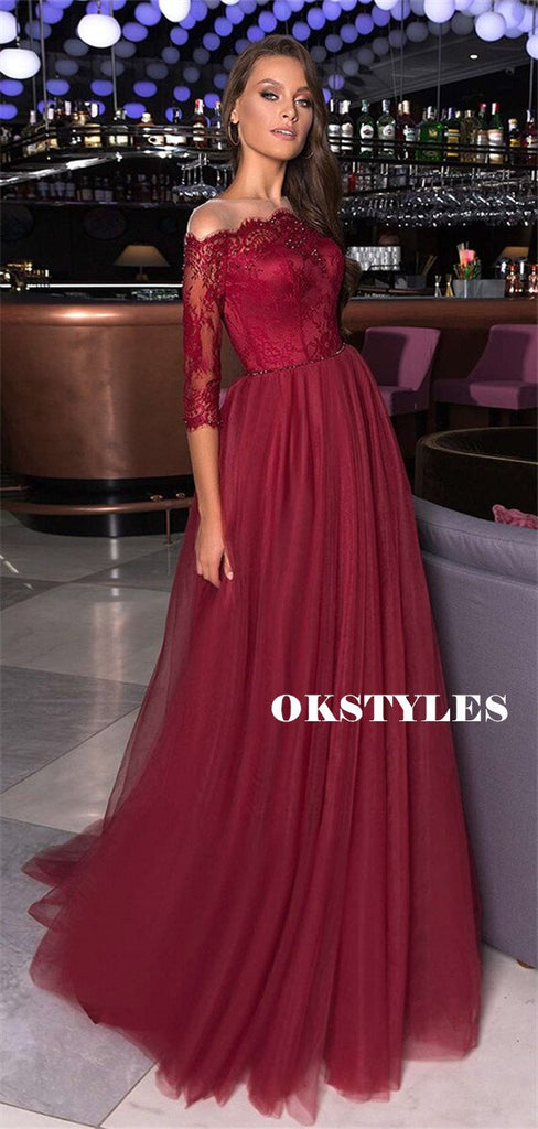 A-line Off-shoulder Half Sleeves Lace Top Long Tulle Prom Dresses, PD0608