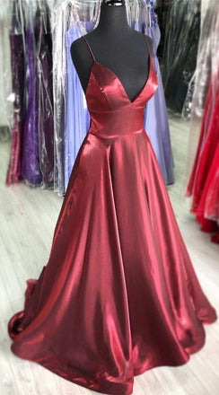 A-line Spaghetti Straps V-neck Long Sexy Burgundy Prom Dresses, PD0571