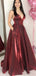 A-line Spaghetti Straps V-neck Long Sexy Burgundy Prom Dresses, PD0571