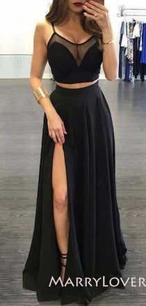 Two Pieces Cheap Black Chiffon Long Evening Prom dresses, MR7023