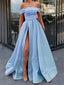 Off Shoulder Blue Side Slit Long Evening Prom Dresses, MR7039