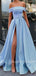Off Shoulder Blue Side Slit Long Evening Prom Dresses, MR7039