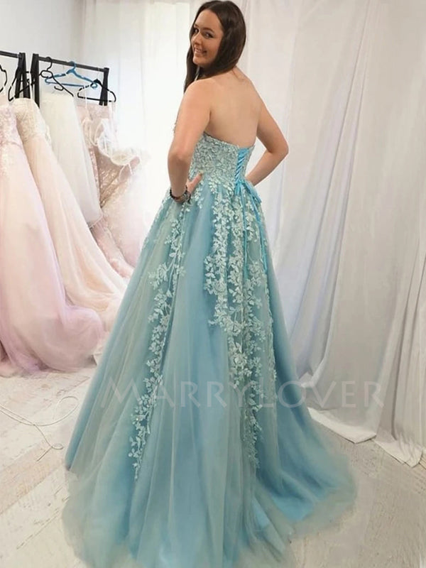 A-line Lace Long Evening Prom Dresses, Cheap Tulle Sweet Dresses, MR7061
