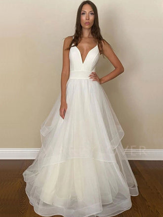 Sexy Affordable Backless V Neck White Long Evening Prom Dresses, Cheap Wedding Dresses, MR7070