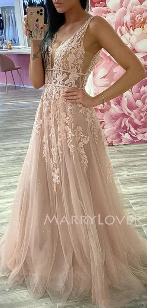 Deep V Neck Beaded See Through Lace Long Evening Prom Dresses, MR7142