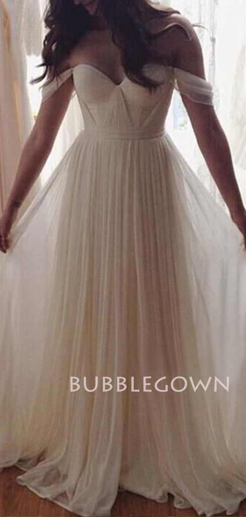 Simple Off Shoulder White Chiffon Cheap Long Evening Prom Dresses, Beach Wedding Dresses, MR7188
