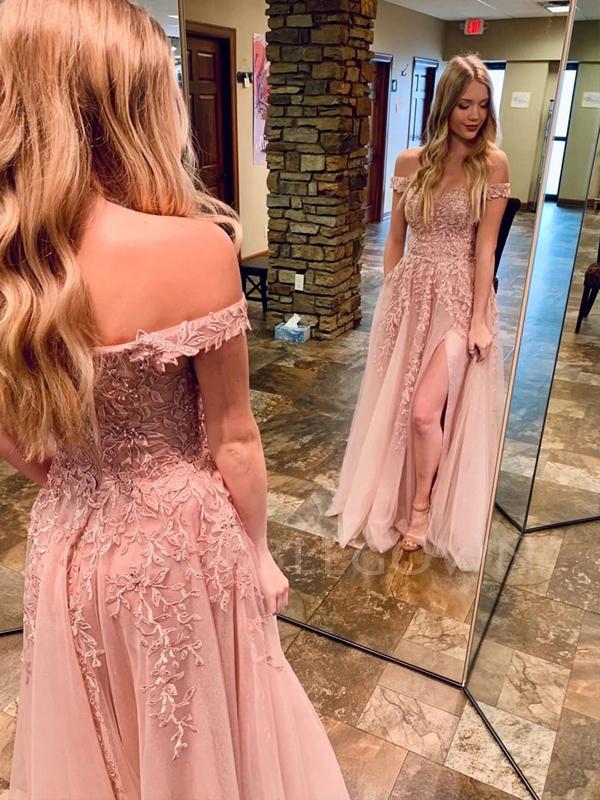 Off Shoulder Tulle Floor Length Dusty Pink Lace A-line Long Evening Prom Dresses, Cheap Prom Dress, MR7201