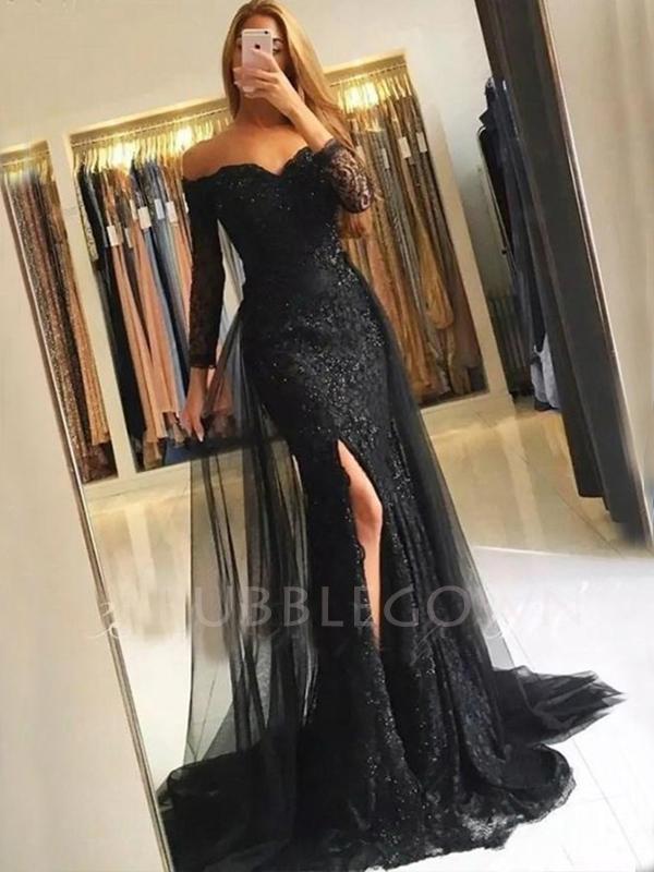 Off-Shoulder Mermaid Black Lace Tulle Long Evening Prom Dresses, MR7212