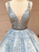 V Neck Tulle Floor Length A-line Blue Lace Long Evening Prom Dresses, Cheap Prom Dress, MR7222