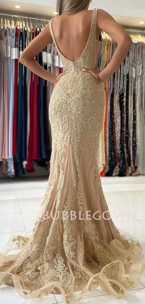 Champagne Gold Mermaid V Neck Lace Long Evening Prom Dresses, MR7228