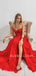 Sexy Backless Red Tulle Side slit Lace Long Evening Prom Dresses, Cheap Tulle Sweet Dresses, MR7255