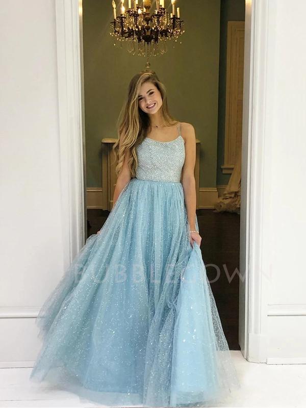 Sharkly Spaghetti Straps Tulle Floor Length A-line Long Evening Prom Dresses, MR7259