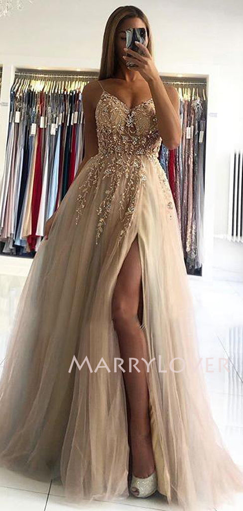 See Through V-neck Champagne Tulle A-line Long Evening Prom Dresses, MR7265