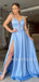 Deep V Neck Blue Satin Side Slit Long Evening Prom Dresses, Cheap Custom Backless Prom Dresses, MR7289