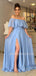 Off Shoulder Blue Chiffon Cheap Long Evening Prom Dresses, MR7312