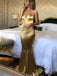 Spaghetti Straps V Neck Mermaid Golden Long Evening Prom Dresses, Cheap Custom Prom Dresses, MR7316