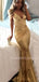Spaghetti Straps V Neck Mermaid Golden Long Evening Prom Dresses, Cheap Custom Prom Dresses, MR7316