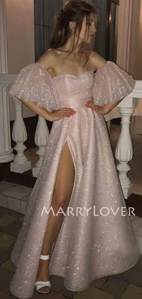 Off Shoulder A-Line Pink Backless Sparkly Side Slit Long Evening Prom Dresses, MR7324