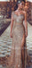 Sexy One Shoulder Golden Sequin Mermaid Side Slit Long Evening Prom Dresses, Cheap Custom Prom Dresses, MR7325