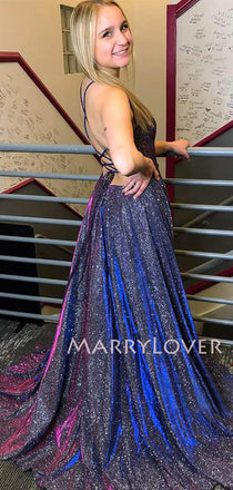 A-Line Backless Sparkle Long Evening Prom Dresses, Cheap Custom Prom Dresses,MR7329