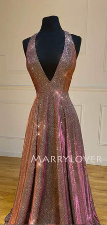 Deep V Neck A-Line Sparkle Long Evening Prom Dresses, Cheap Custom Prom Dresses,MR7330
