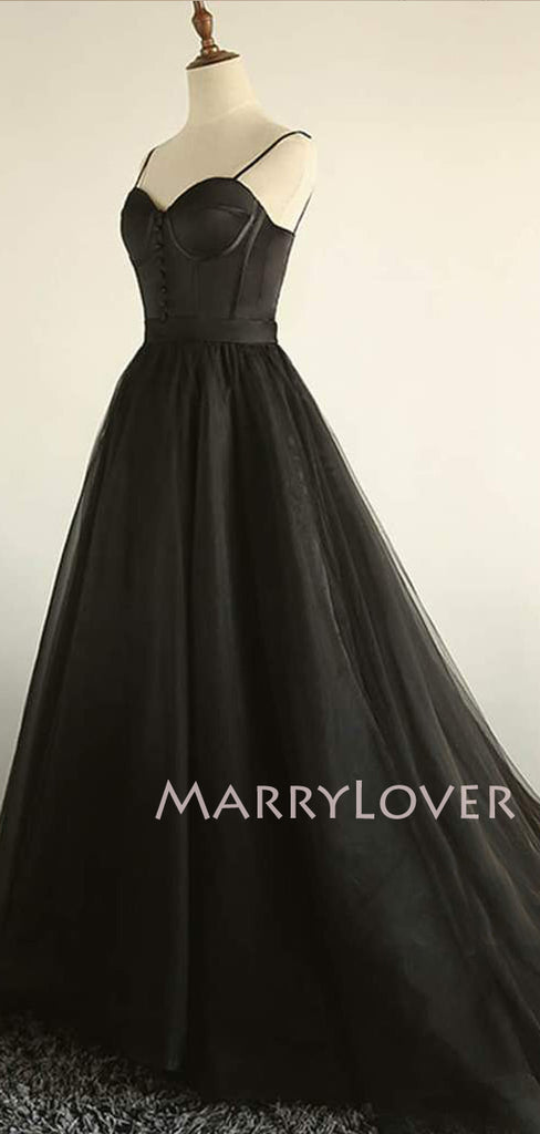 Black Tulle A-Line Cheap Long Evening Prom Dresses, Custom Prom Dress, MR7331