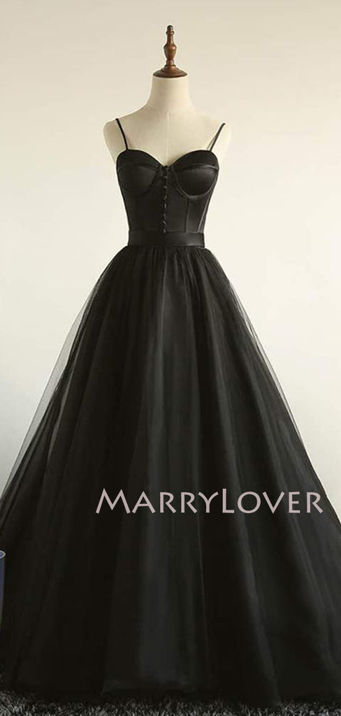Black Tulle A-Line Cheap Long Evening Prom Dresses, Custom Prom Dress, MR7331