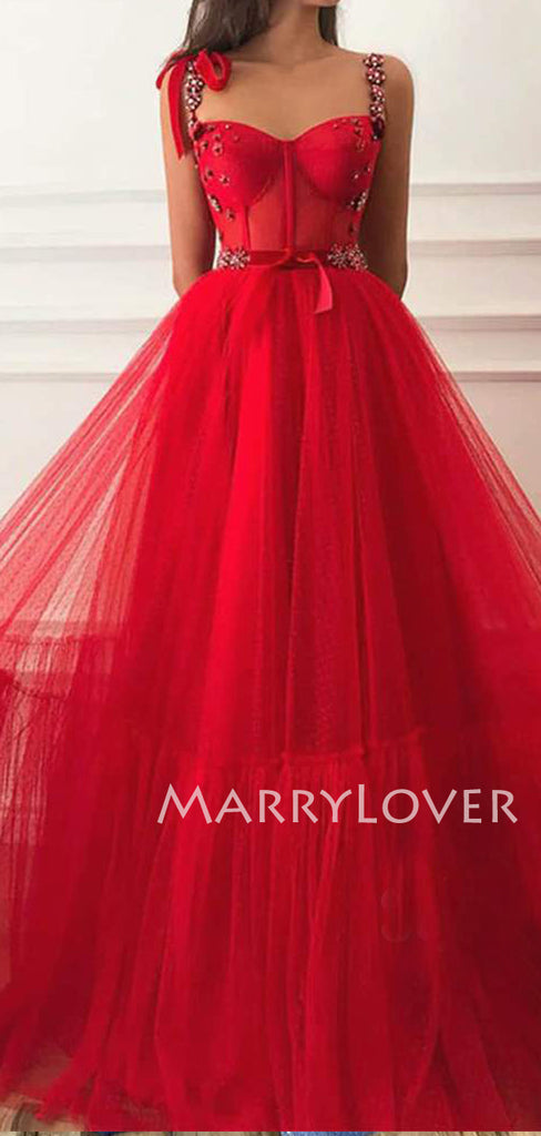 Red Tulle Beaded Straps A-Line Long Evening Prom Dresses, MR7340