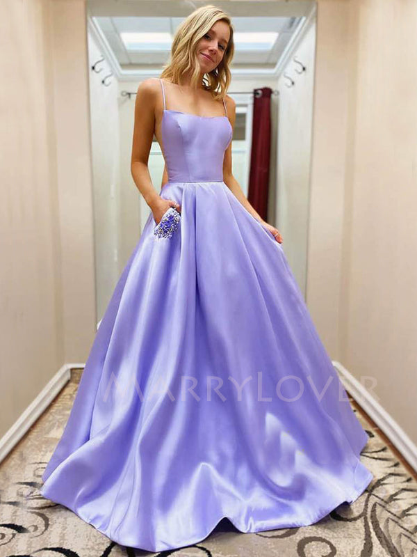 Lavender Satin A-Line Spaghetti Straps Long Evening Prom Dresses, Long Party prom dresses, MR7344