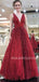 Sexy Deep V Neck Burgundy Sparkle A-Line Long V Back Evening Prom Dresses, Cheap Custom Prom Dresses,MR7347