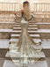 Off Shoulder Golden Sequin Mermaid Side Slit V Neck Long Evening Prom Dresses, Cheap Custom Prom Dresses, MR7348