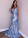 Blue Sparkly Mermaid Spaghetti Straps V Neck Long Evening Prom Dresses, Cheap Custom Prom Dresses,MR7350