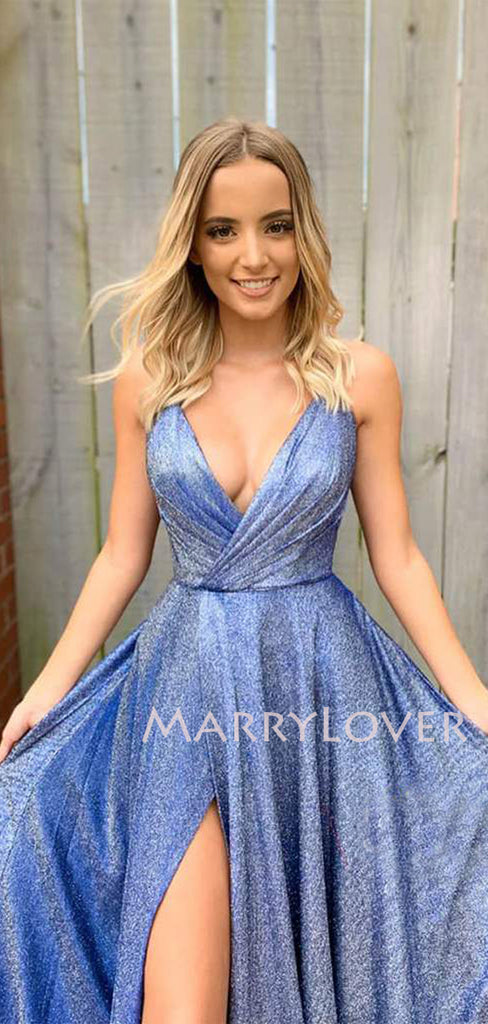 Blue Deep V Neck A-Line Sparkle Side slit Long Evening Prom Dresses, Cheap Custom Prom Dresses,MR7351