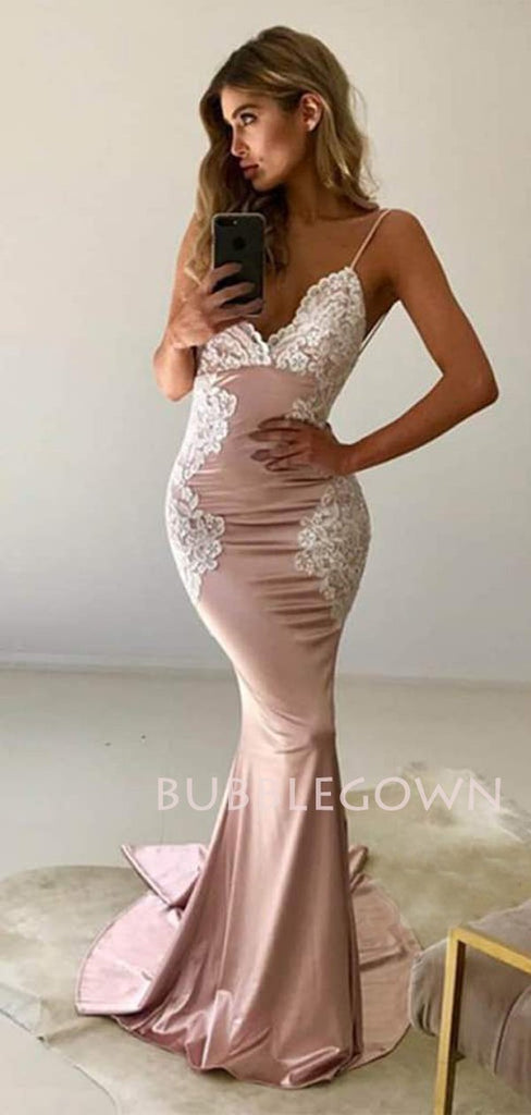 Pink Spaghetti Straps V Neck Mermaid Lace Long Evening Prom Dresses, Cheap Custom Prom Dresses, MR7370