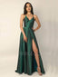 Green Satin V Neck Spaghetti Straps Side Slit Long Evening Prom Dresses, Cheap Custom prom dresses, MR7374