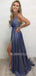 Dusty Blue V Neck A-Line Side Slit Long Evening Prom Dresses, Cheap Custom Prom Dress, MR7377