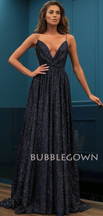 Gold A-Line Spaghetti Straps V Neck Long Evening Prom Dresses, Cheap Custom Prom Dresses, MR7390