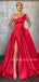 One Shoulder Red Satin A-Line Side Slit Long Backless Evening Prom Dresses, Cheap Custom prom dresses, MR7396