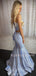 Two Pieces Blue Sparkly Mermaid/Trumpet Long Evening Prom Dresses, Cheap Custom Prom Dress, MR7398