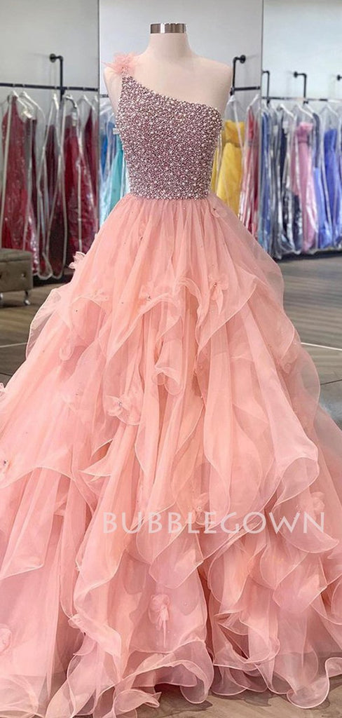 Pink Organza One Shoulder Beaded A-line Long Evening Prom Dresses, Cheap Sweet Prom dresses, MR7405