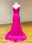 V-neck Simple Mermaid Spaghetti Straps Satin Long Evening Prom Dresses, Cheap Custom prom dresses, MR7409