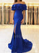 Off Shoulder Blue Mermaid Side Slit Long Evening Prom Dresses, MR7425
