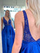 See Throuth V Neck Blue Satin A-line Long V Back Evening Prom Dresses, Cheap Custom Backless Prom Dresses, MR7437