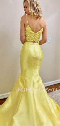 Two Pieces Yellow Satin Beaded Mermaid Long Evening Prom Dresses, Cheap Custom Prom Dress, MR7442