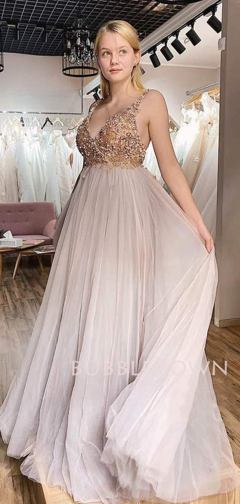 See Throuth V Neck Tulle Appliques Lace A-line Long Evening Prom Dresses, Cheap Custom V Back Prom Dress, MR7467