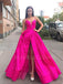 A-Line Fuchsia Satin V Neck High Slit Long Evening Prom Dresses, Cheap Custom prom dresses, MR7468