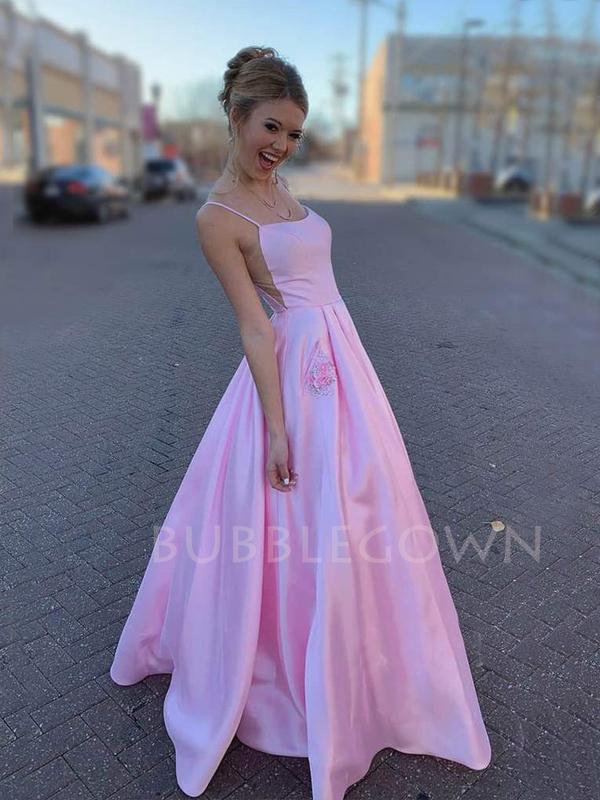 Sexy Backless A-line Spaghetti Straps Pink Satin Long Evening Prom Dresses, Cheap Custom prom dresses, MR7486